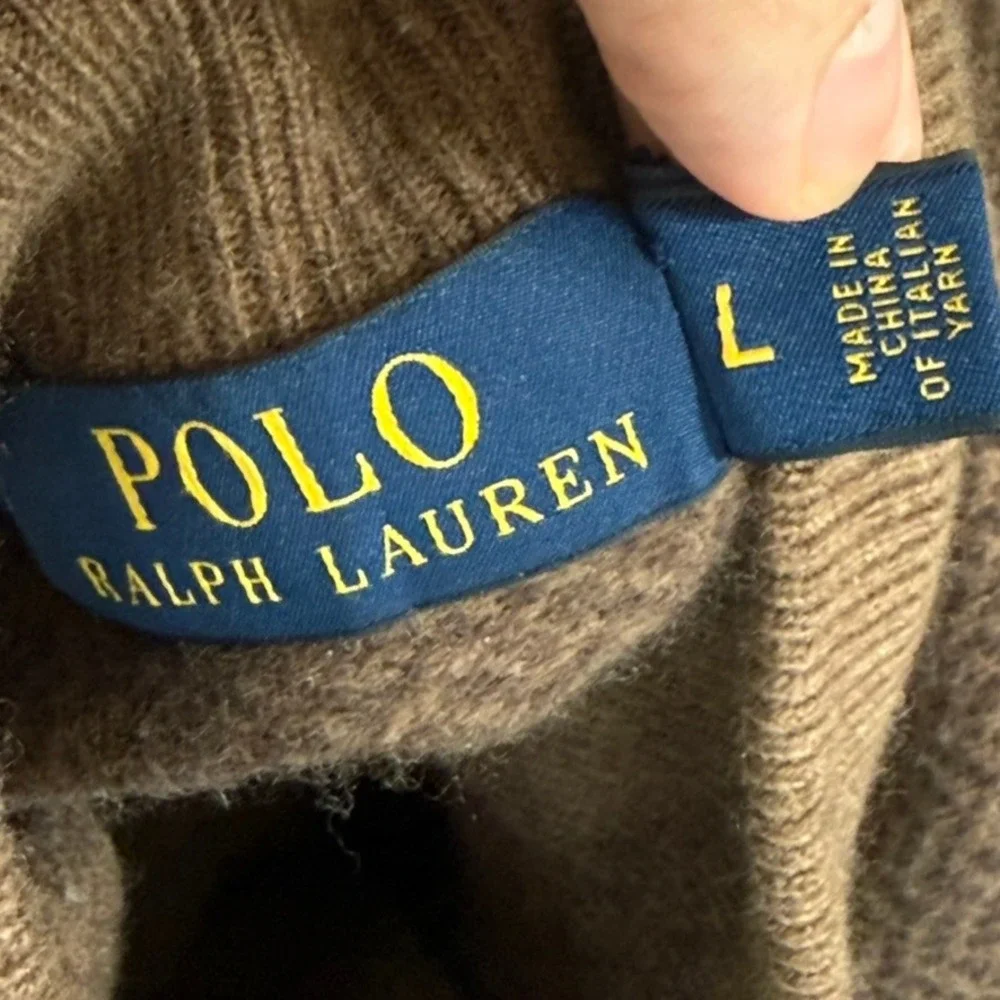 VTG Polo Ralph Lauren Mens Brown Herringbone Merino Wool Mock Neck Sweater Large